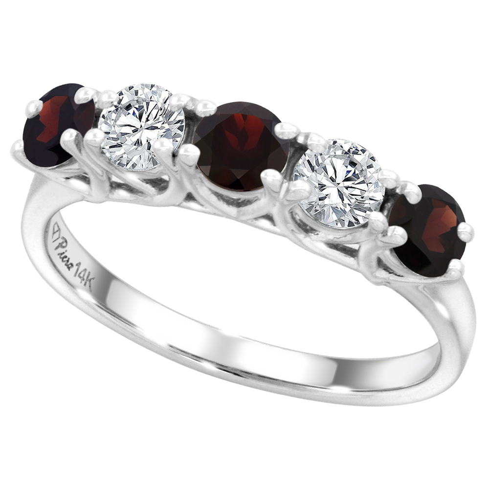14k White Gold Genuine Garnet and Diamond 5-Stone Ring Round Brilliant cut 0.4ct 3.7mm, size 5-10
