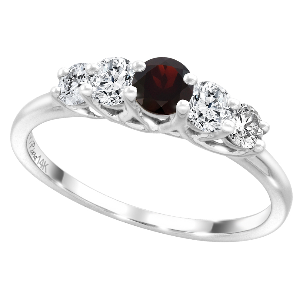 14k White Gold 0.4ct Diamond & Genuine Garnet 5-Stone Ring Round Brilliant cut 3.6mm, size 5-10