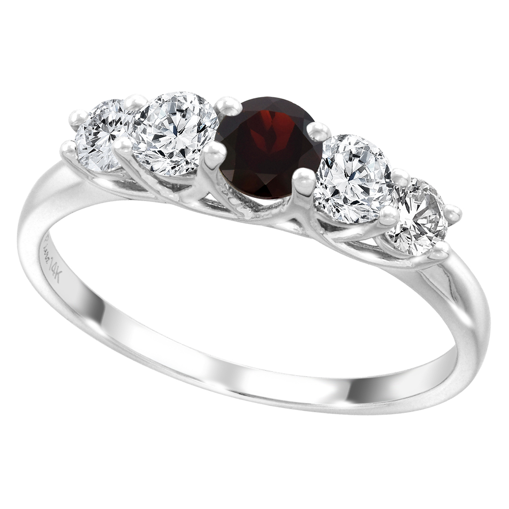 14k White Gold 0.6ct Diamond & Genuine Garnet 5-Stone Ring Round Brilliant cut 3.8mm, size 5-10