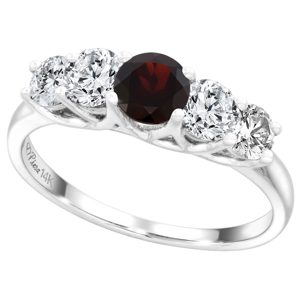 14k White Gold 0.7ct Diamond & Genuine Garnet 5-Stone Ring Round Briliant cut 4.8mm, size 5-10