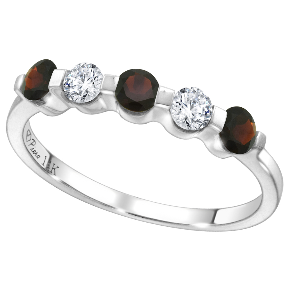 14k White Gold 0.23ct Diamond & Genuine Garnet 5-Stone Ring Round Brilliant cut 3mm, size 5-10