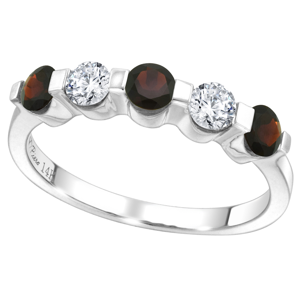 14k White Gold 0.33ct Diamond & Genuine Garnet 5-Stone Ring Round Brilliant cut 3.4mm, size 5-10