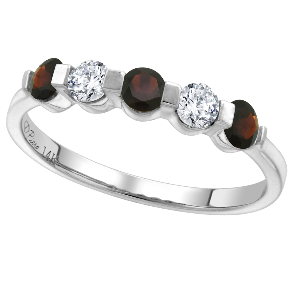 14k White Gold 0.23ct Diamond & Genuine Garnet 5-Stone Ring Round Brilliant cut 3mm, size 5-10