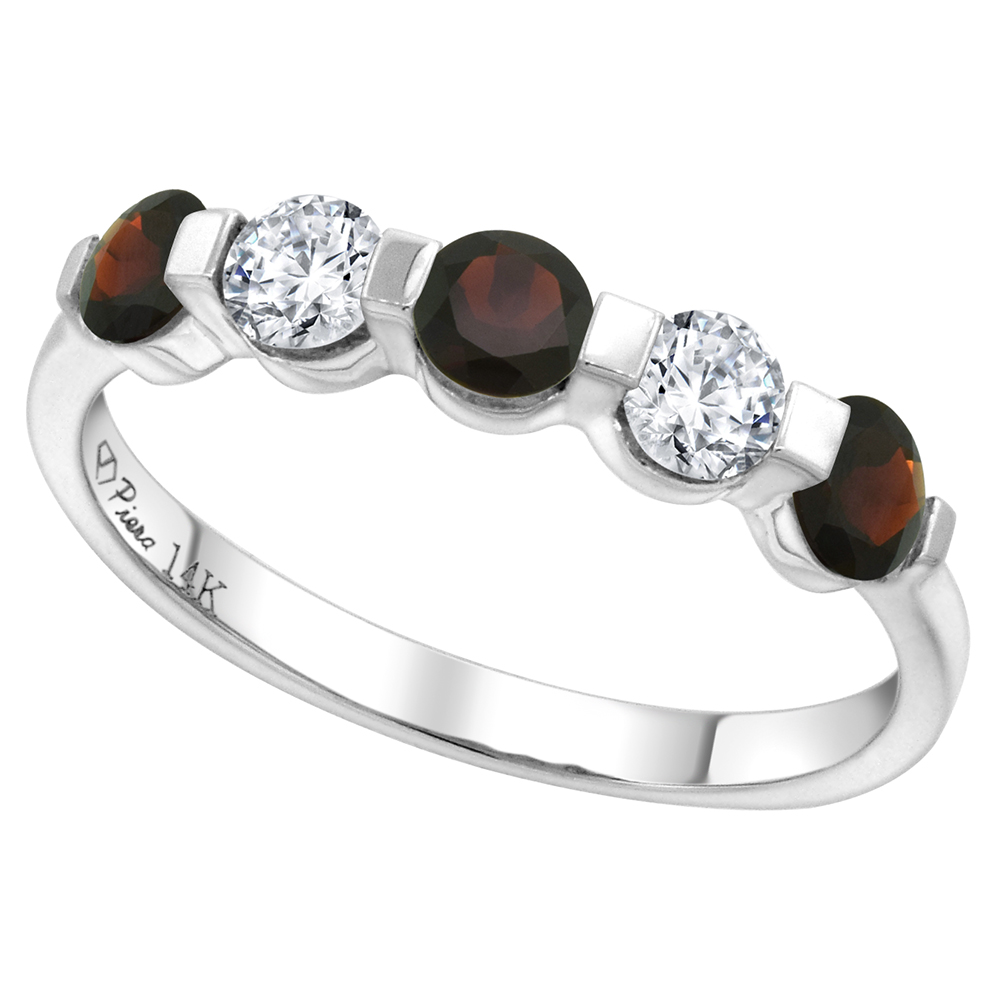 14k White Gold 0.33ct Diamond & Genuine Garnet 5-Stone Ring Round Brilliant cut 3.4mm, size 5-10