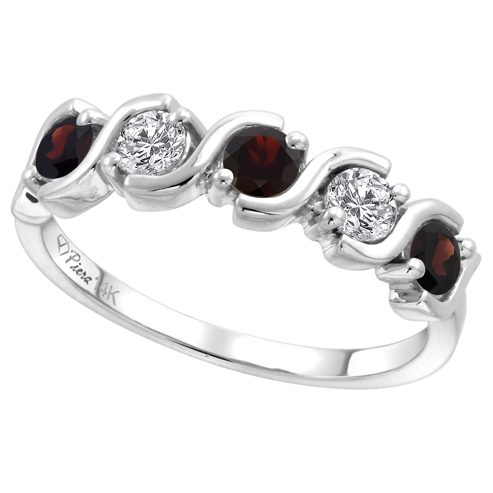 14k White Gold 5-Stone Diamond & Genuine Garnet Ring Round Brilliant cut 0.23 cttw 3mm, size 5-10