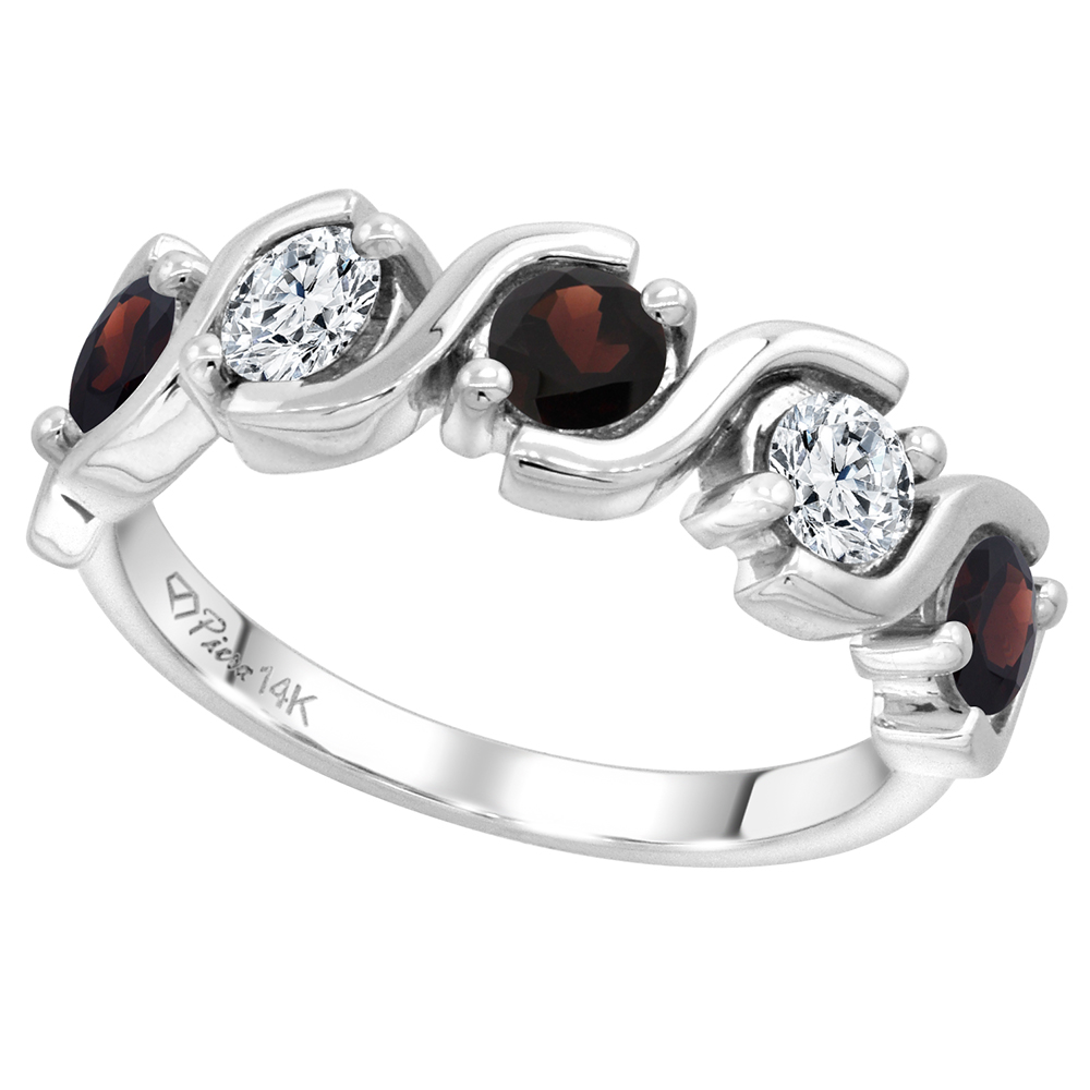 14k White Gold 5-Stone Genuine Garnet and Diamond Ring Round Brilliant cut 0.4ct 3.7mm, size 5-10