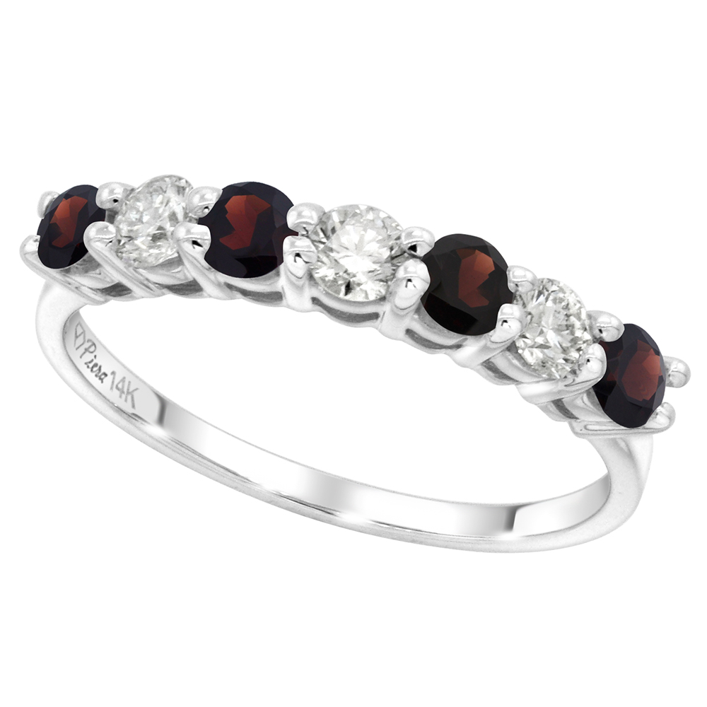 14k White Gold Genuine Garnet and Diamond 7-stone Ring Round Brilliant cut 0.35ct 3mm, size 5-10