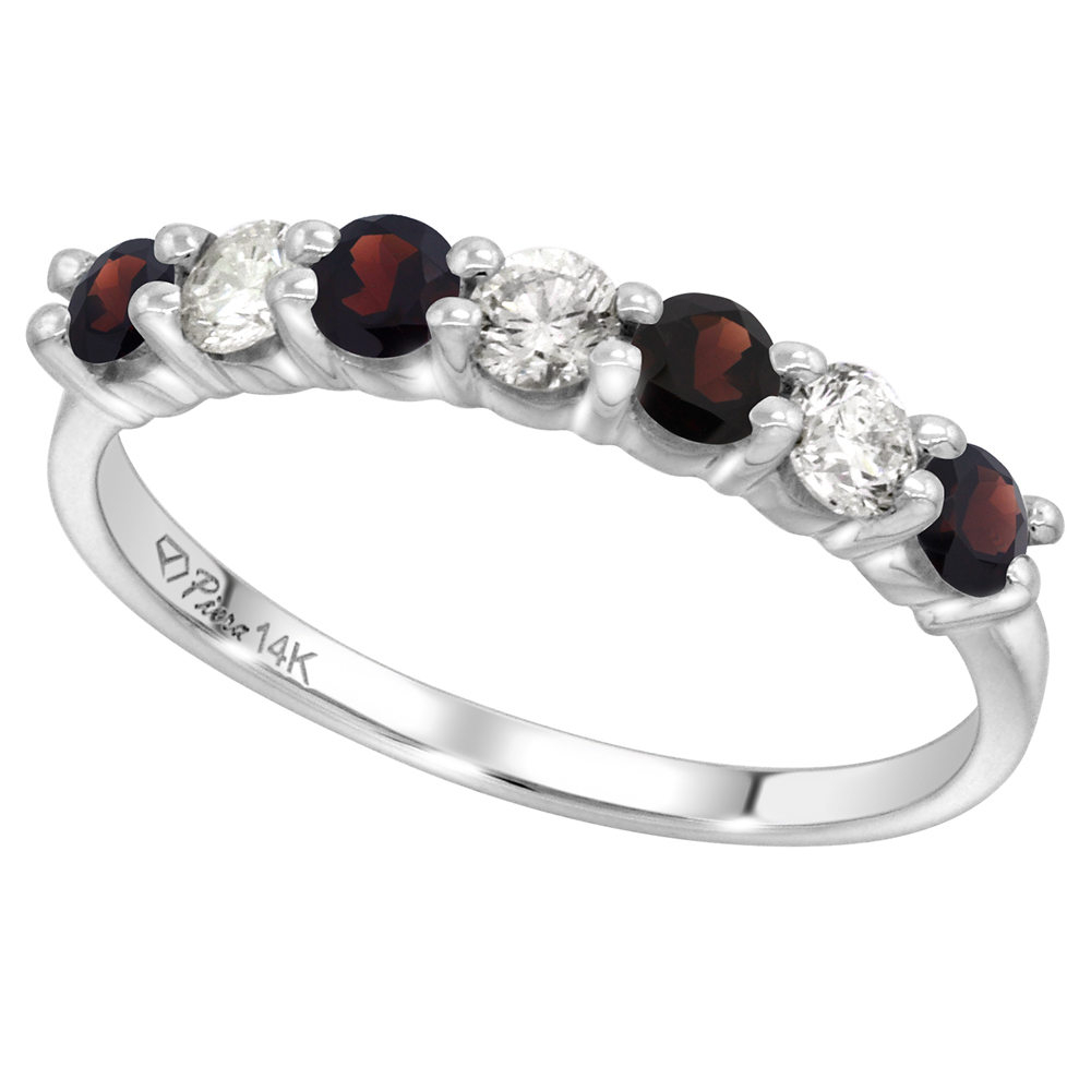 14k White Gold Genuine Garnet and Diamond 7-Stone Ring Round Brilliant cut 0.35cttw 3mm, size 5-10