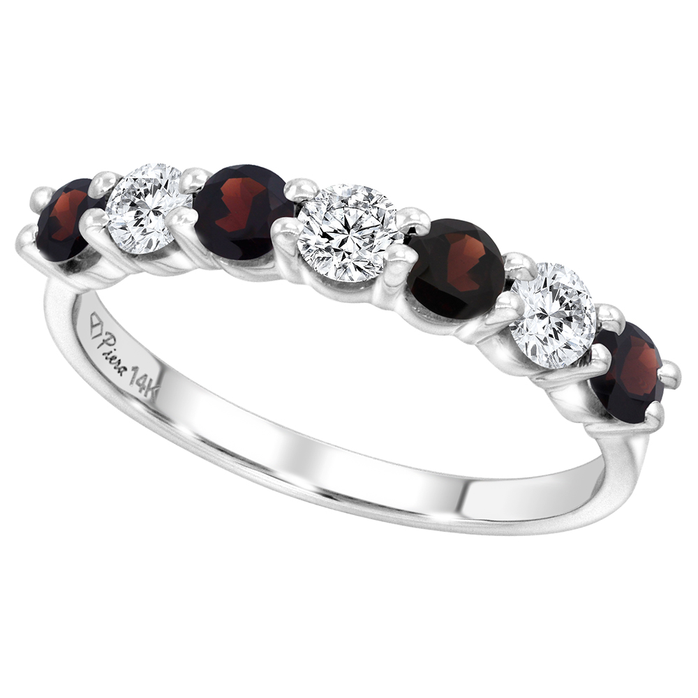 14k White Gold Genuine Garnet and Diamond 7-Stone Ring Round Brilliant cut 0.77cttw 4.1mm, size 5-10