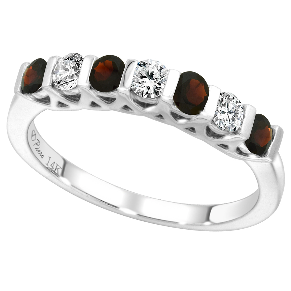 14k White Gold Genuine Garnet & Diamond 7-Stone Ring Round Brilliant cut 0.3cttw 2.8mm, size 5-10