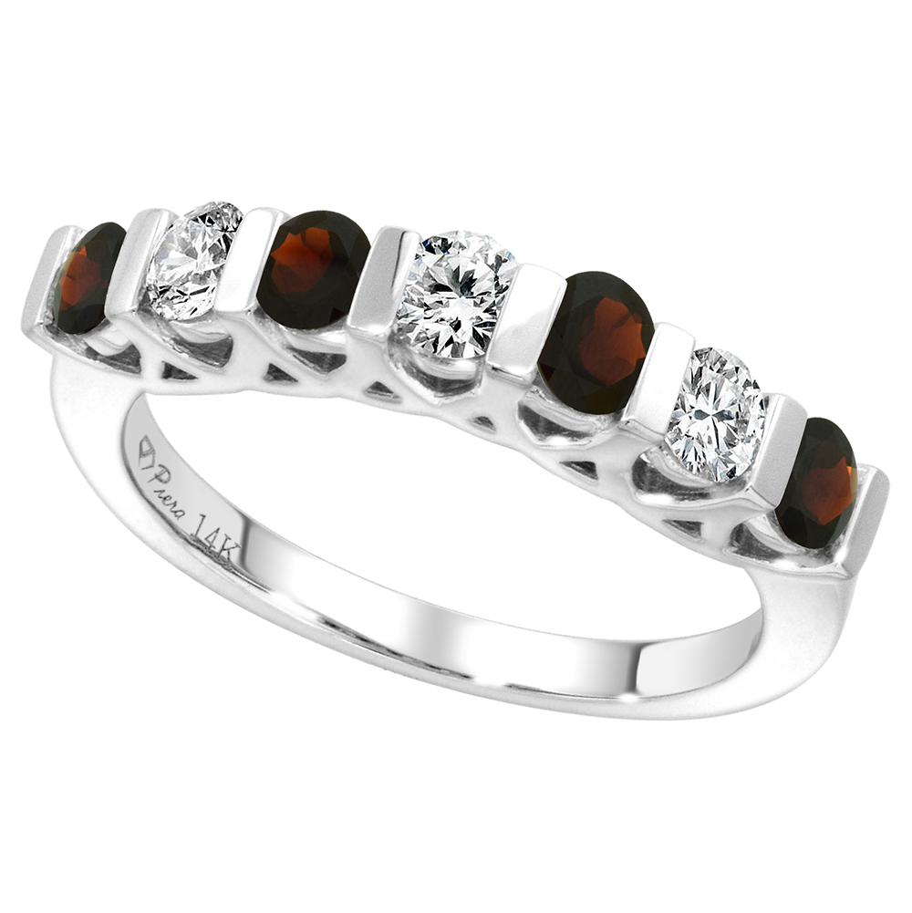 14k White Gold Genuine Garnet and Diamond 7-Stone Ring Round Brilliant cut 0.35cttw 3mm, size 5-10