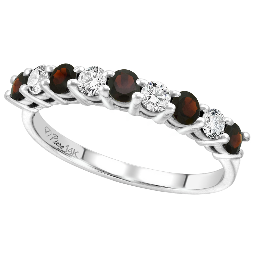 14k White Gold Diamond and Genuine Garnet 9-Stone Ring Round Brilliant cut 0.4cttw 2.8mm, size 5-10