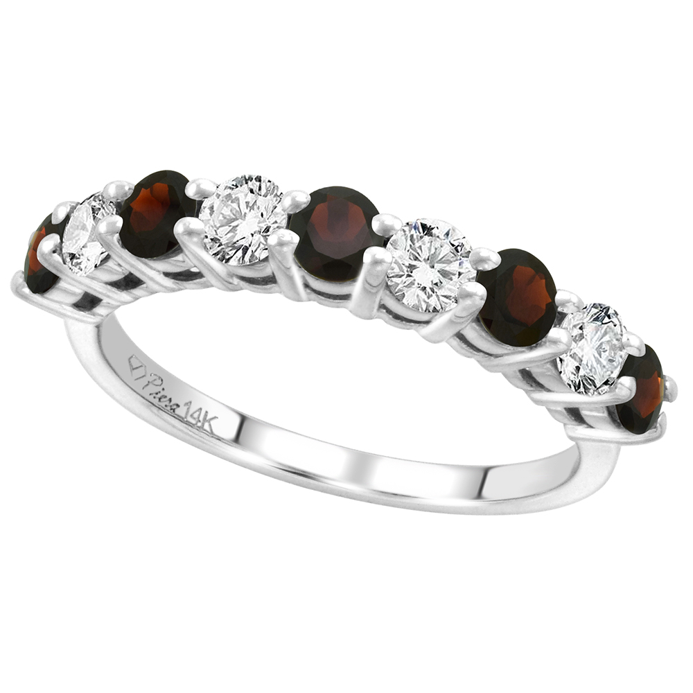 14k White Gold Diamond & Genuine Garnet 9-Stone Ring Round Brilliant cut 0.52 cttw 3.1mm, size 5-10