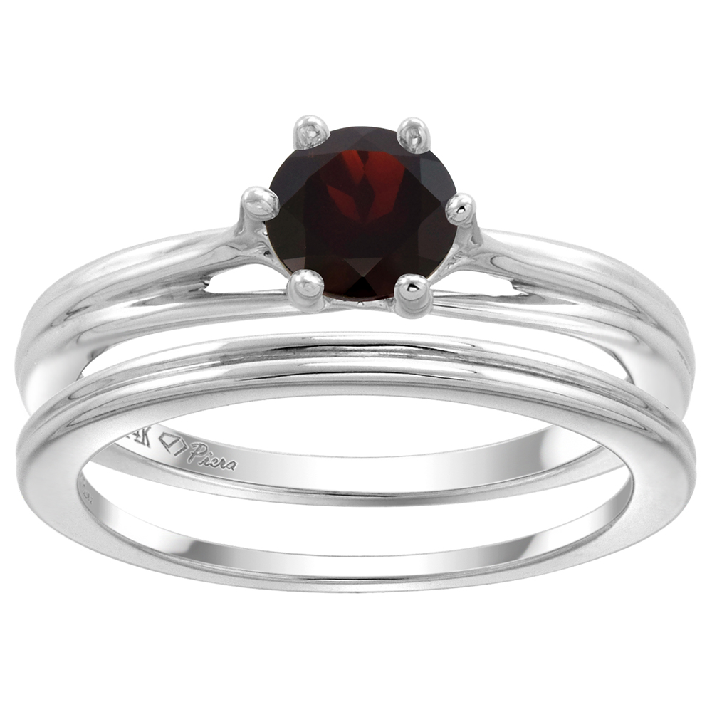 14k White Gold Genuine Garnet Solitaire Engagement 2pc Ring Set Round 6mm,size 5-10