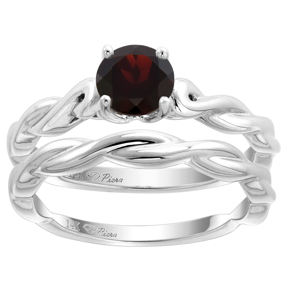 14k White Gold Genuine Garnet 2pc Solitaire Engagement Ring Set Round 6mm Twisted Shank,size 5-10