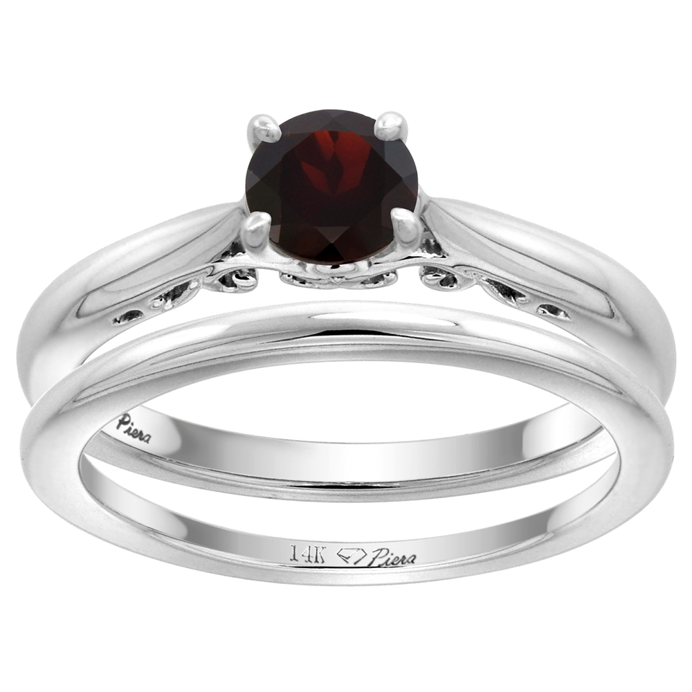 14k White Gold Genuine Garnet Solitaire Engagement 2pc Ring Set Round 6mm,size 5-10