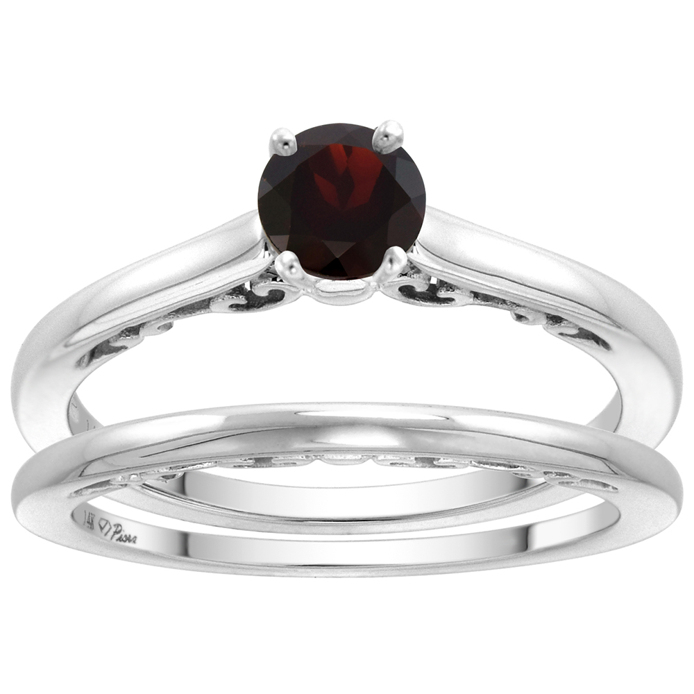 14k White Gold Genuine Garnet Solitaire Engagement 2pc Ring Set Round 4mm, size 5-10