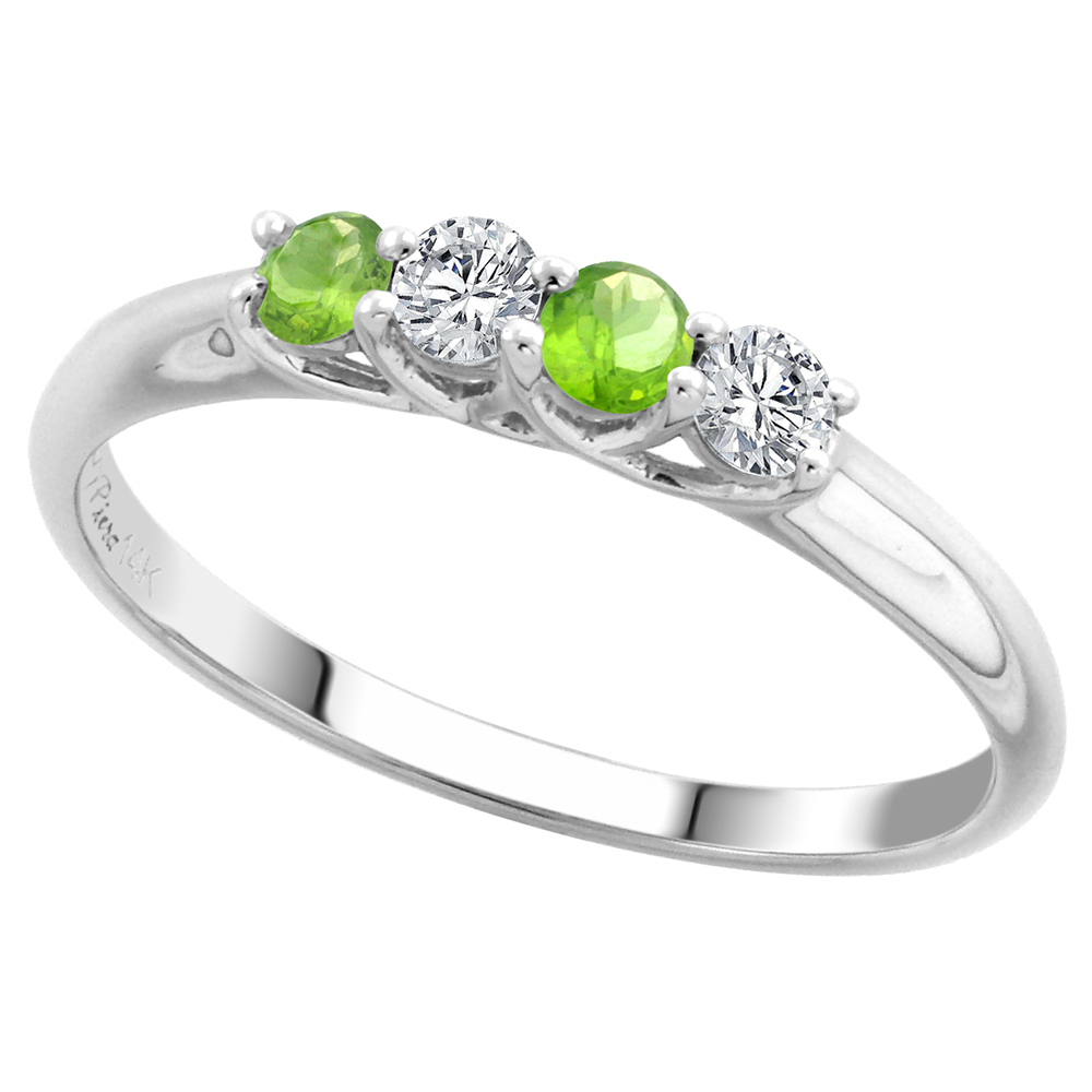 14k White Gold Genuine Peridot and Diamond 4-Stone Ring Round Brilliant cut 0.17ct 2.7mm, size 5-10