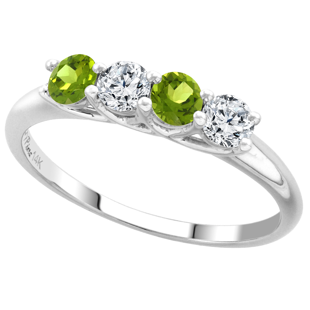 14k White Gold Genuine Peridot and Diamond 4-Stone Ring Round Brilliant cut 0.28ct 3.2mm, size 5-10