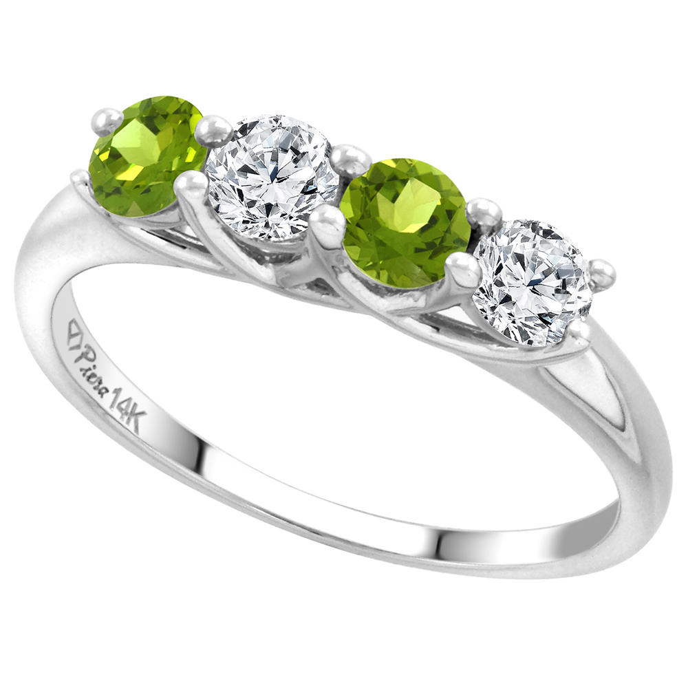 14k White Gold Genuine Peridot and Diamond 4-Stone Ring Round Brilliant cut 0.4cttw 3.7mm size 5-10