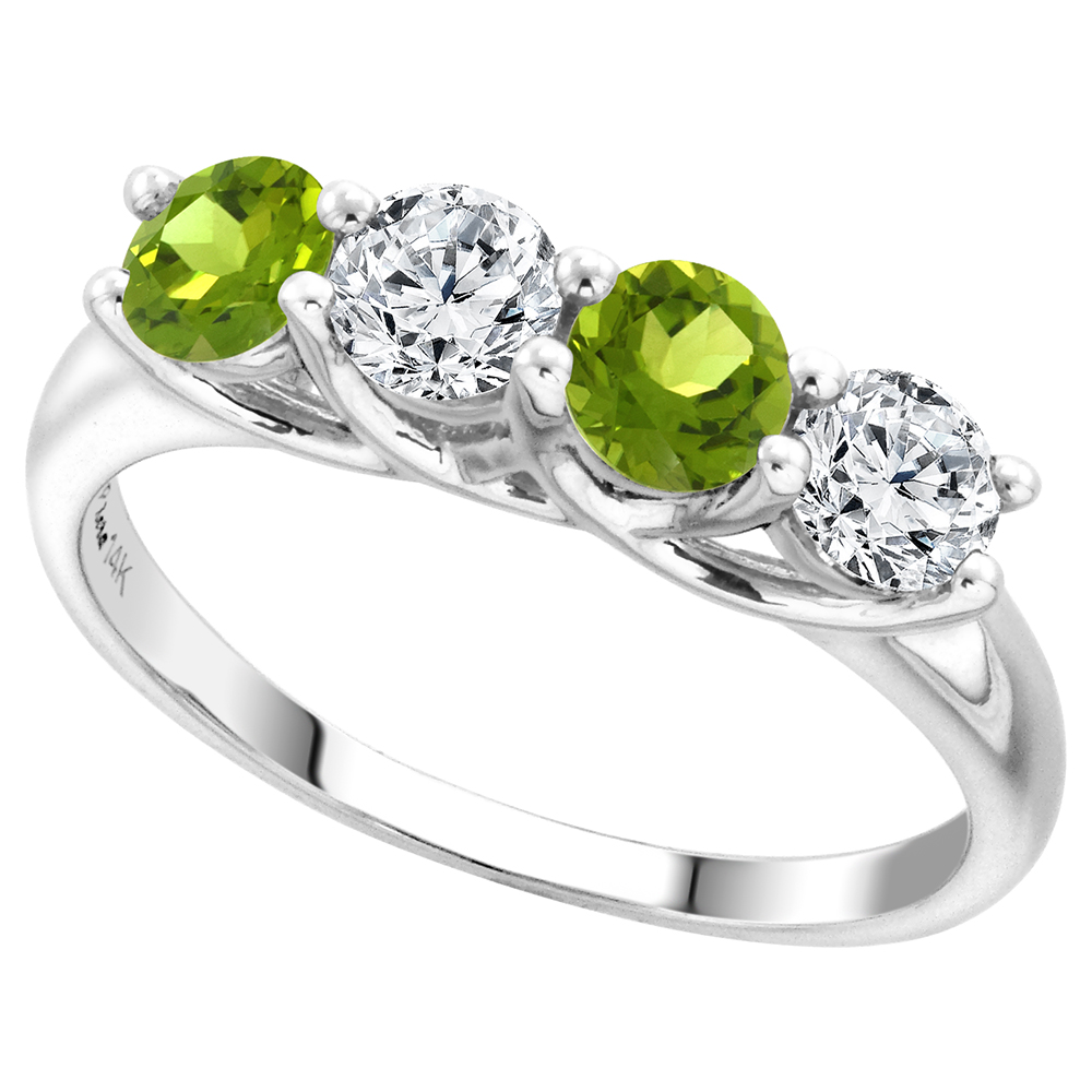 14k White Gold Genuine Peridot and Diamond 4-Stone Ring Round Brilliant cut 0.5cttw 4.1mm size 5-10