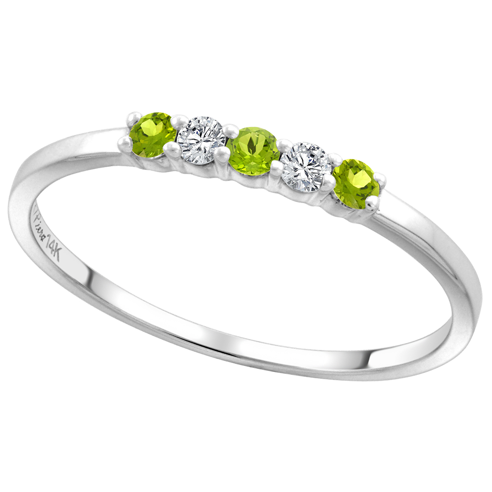 14k White Gold Genuine Peridot and Diamond 5-Stone Ring Round Brilliant cut 0.08cttw 2mm, size 5-10