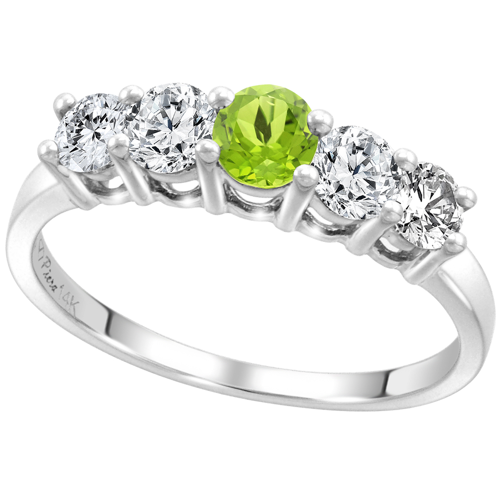 14k White Gold 0.6ct Diamond & Genuine Peridot 5-Stone Ring Round Brilliant cut 4mm, size 5-10