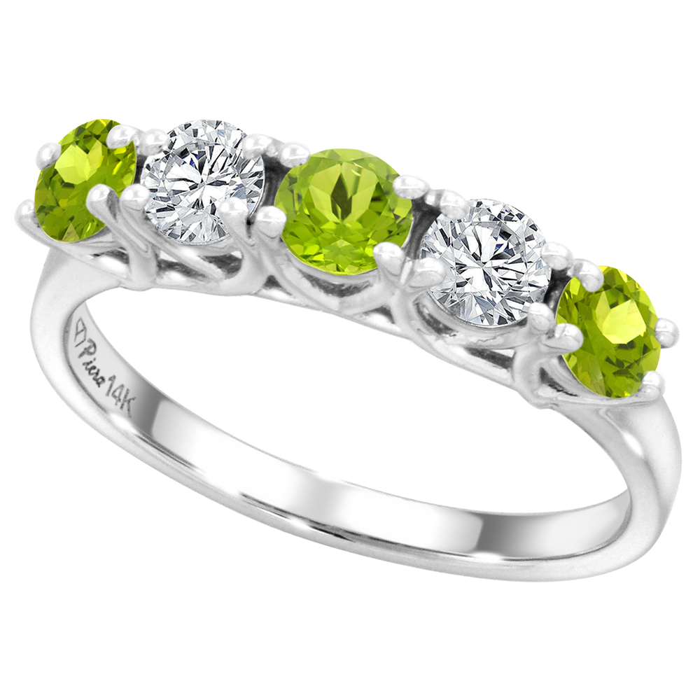 14k White Gold Genuine Peridot and Diamond 5-Stone Ring Round Brilliant cut 0.4ct 3.7mm, size 5-10