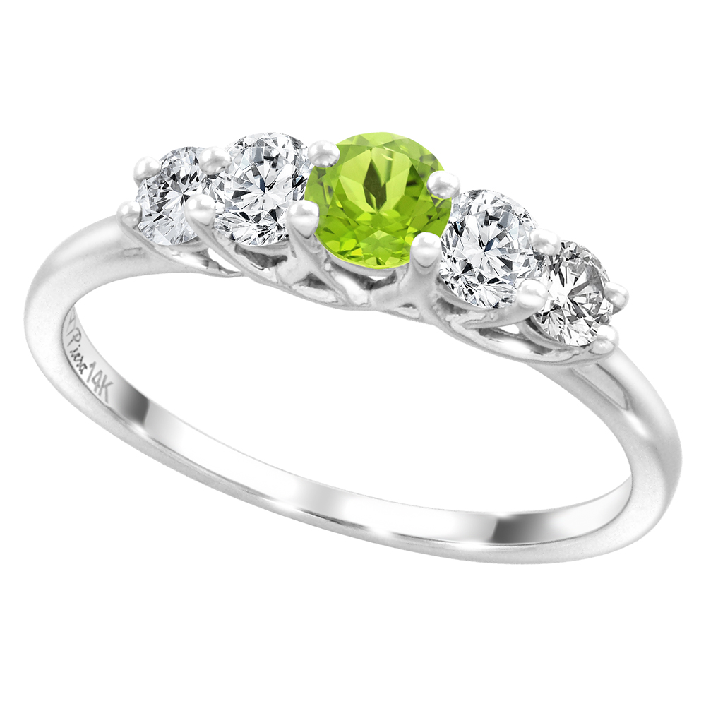 14k White Gold 0.4ct Diamond & Genuine Peridot 5-Stone Ring Round Brilliant cut 3.6mm, size 5-10