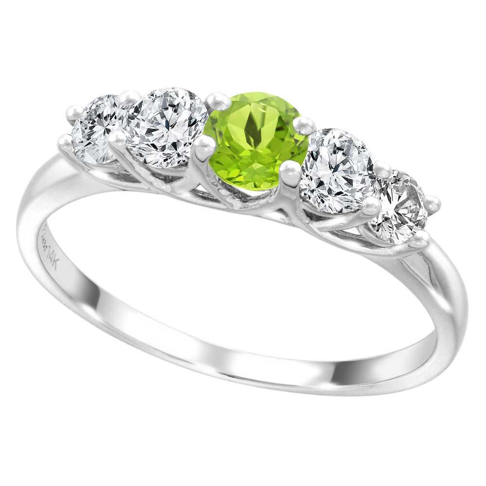 14k White Gold 0.6ct Diamond & Genuine Peridot 5-Stone Ring Round Brilliant cut 3.8mm, size 5-10