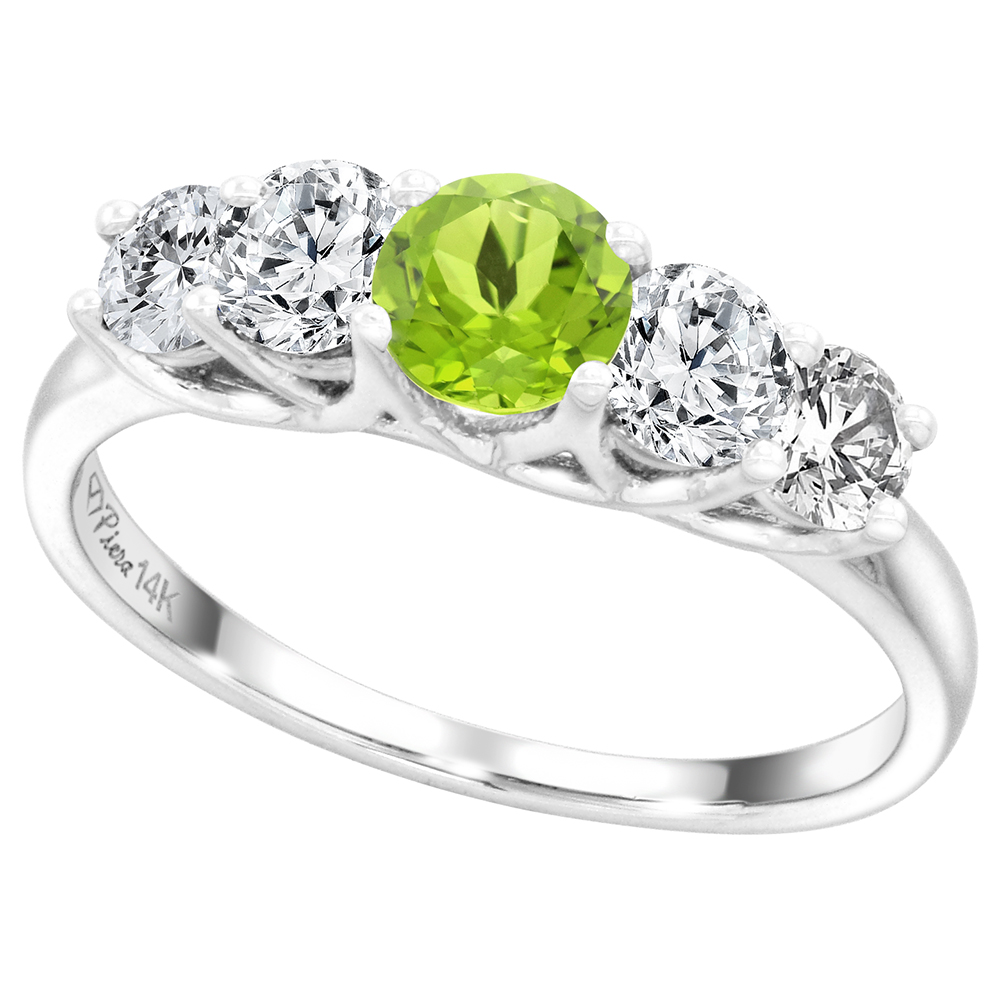 14k White Gold 0.7ct Diamond & Genuine Peridot 5-Stone Ring Round Briliant cut 4.8mm, size 5-10