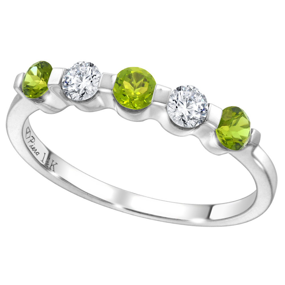 14k White Gold 0.23ct Diamond & Genuine Peridot 5-Stone Ring Round Brilliant cut 3mm, size 5-10