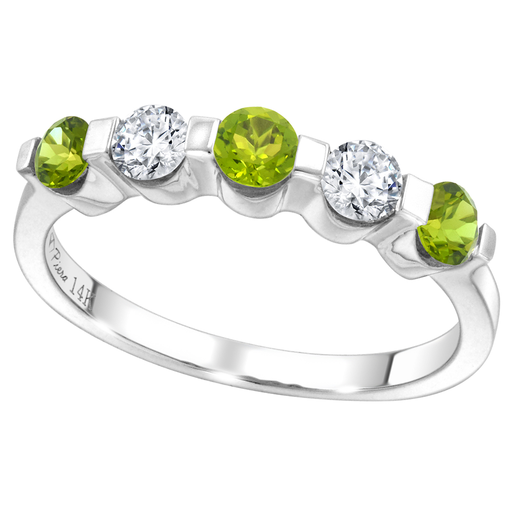14k White Gold 0.33ct Diamond & Genuine Peridot 5-Stone Ring Round Brilliant cut 3.4mm, size 5-10