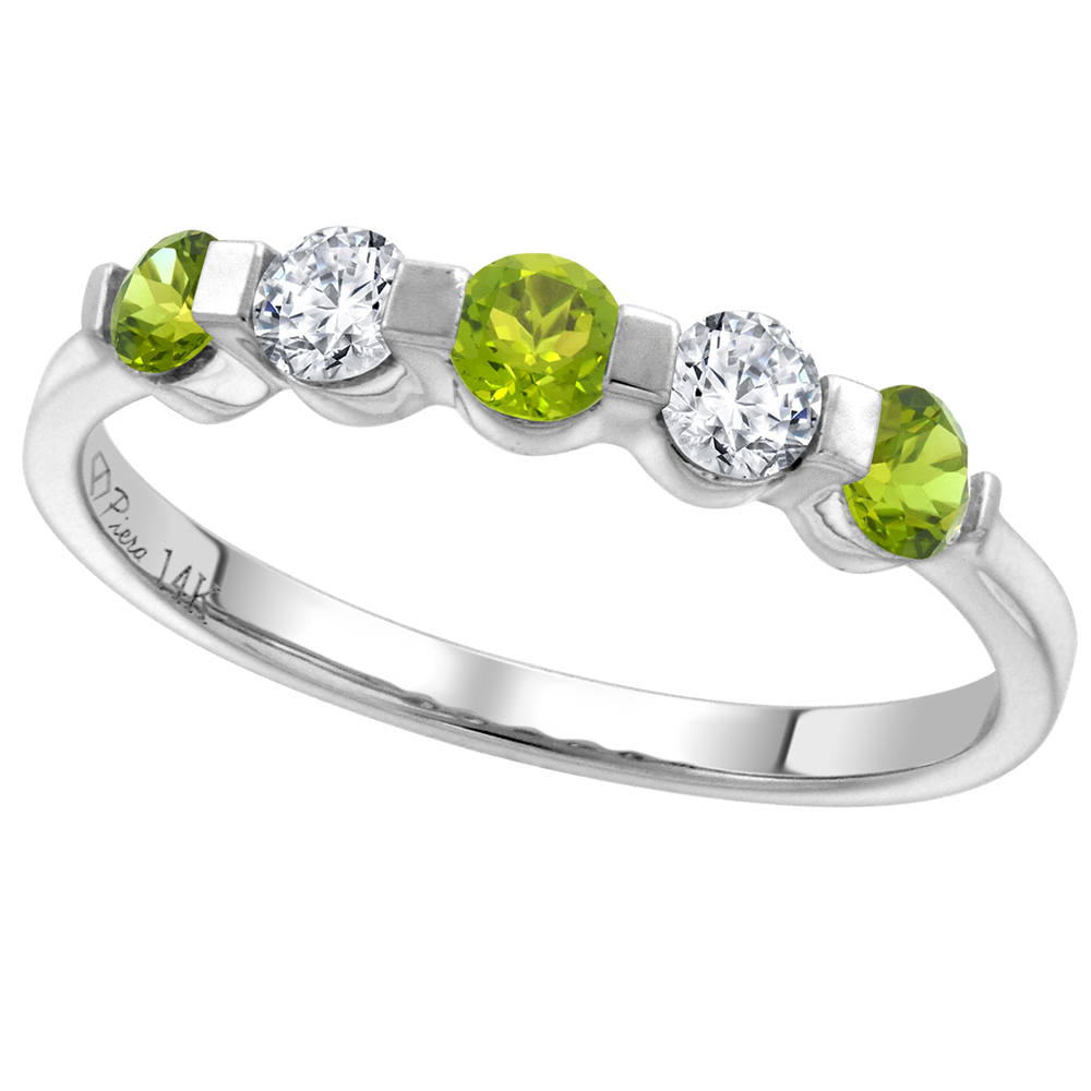 14k White Gold 0.23ct Diamond & Genuine Peridot 5-Stone Ring Round Brilliant cut 3mm, size 5-10