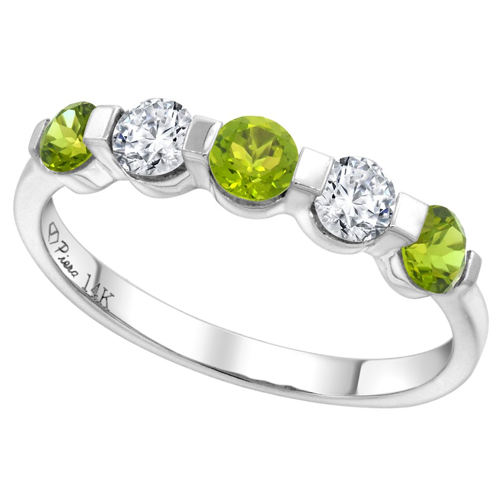 14k White Gold 0.33ct Diamond & Genuine Peridot 5-Stone Ring Round Brilliant cut 3.4mm, size 5-10
