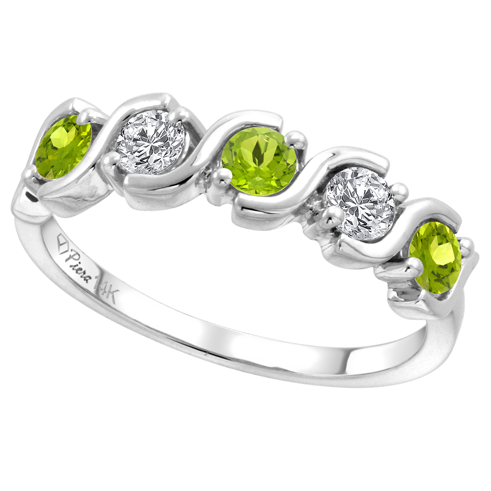 14k White Gold 5-Stone Diamond & Genuine Peridot Ring Round Brilliant cut 0.23 cttw 3mm, size 5-10