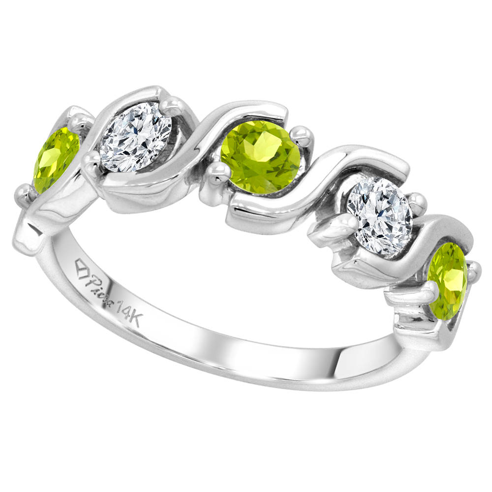 14k White Gold 5-Stone Genuine Peridot and Diamond Ring Round Brilliant cut 0.4ct 3.7mm, size 5-10
