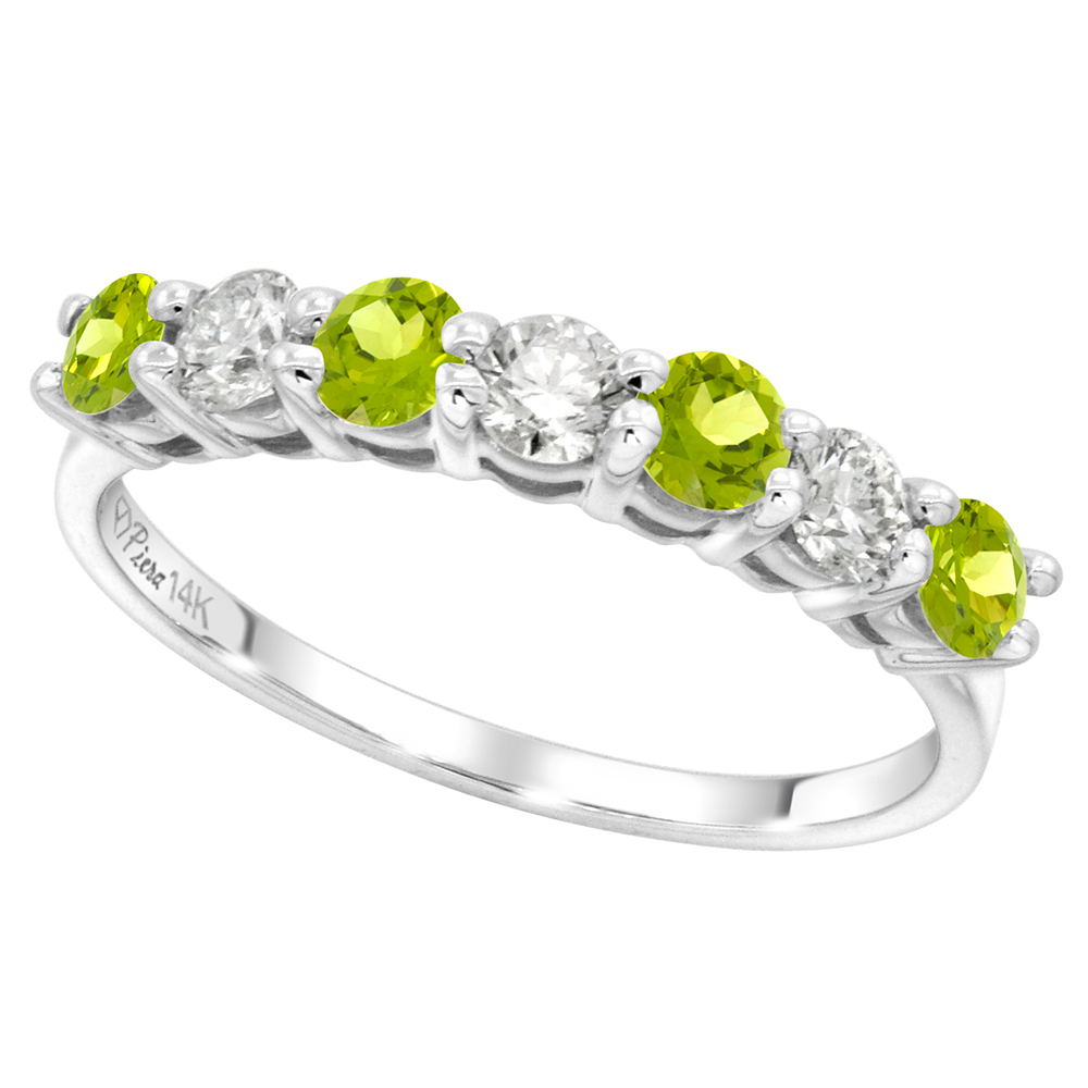 14k White Gold Genuine Peridot and Diamond 7-stone Ring Round Brilliant cut 0.35ct 3mm, size 5-10