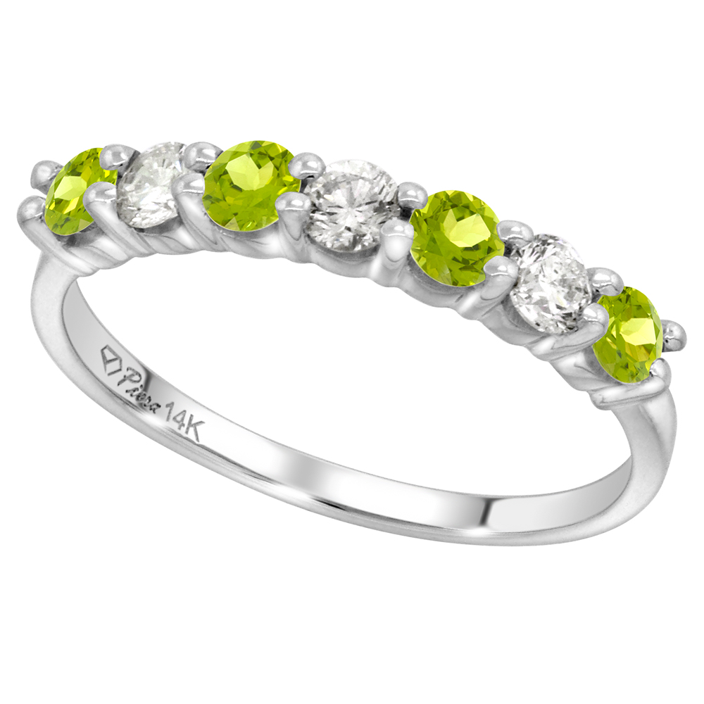 14k White Gold Genuine Peridot and Diamond 7-Stone Ring Round Brilliant cut 0.35cttw 3mm, size 5-10