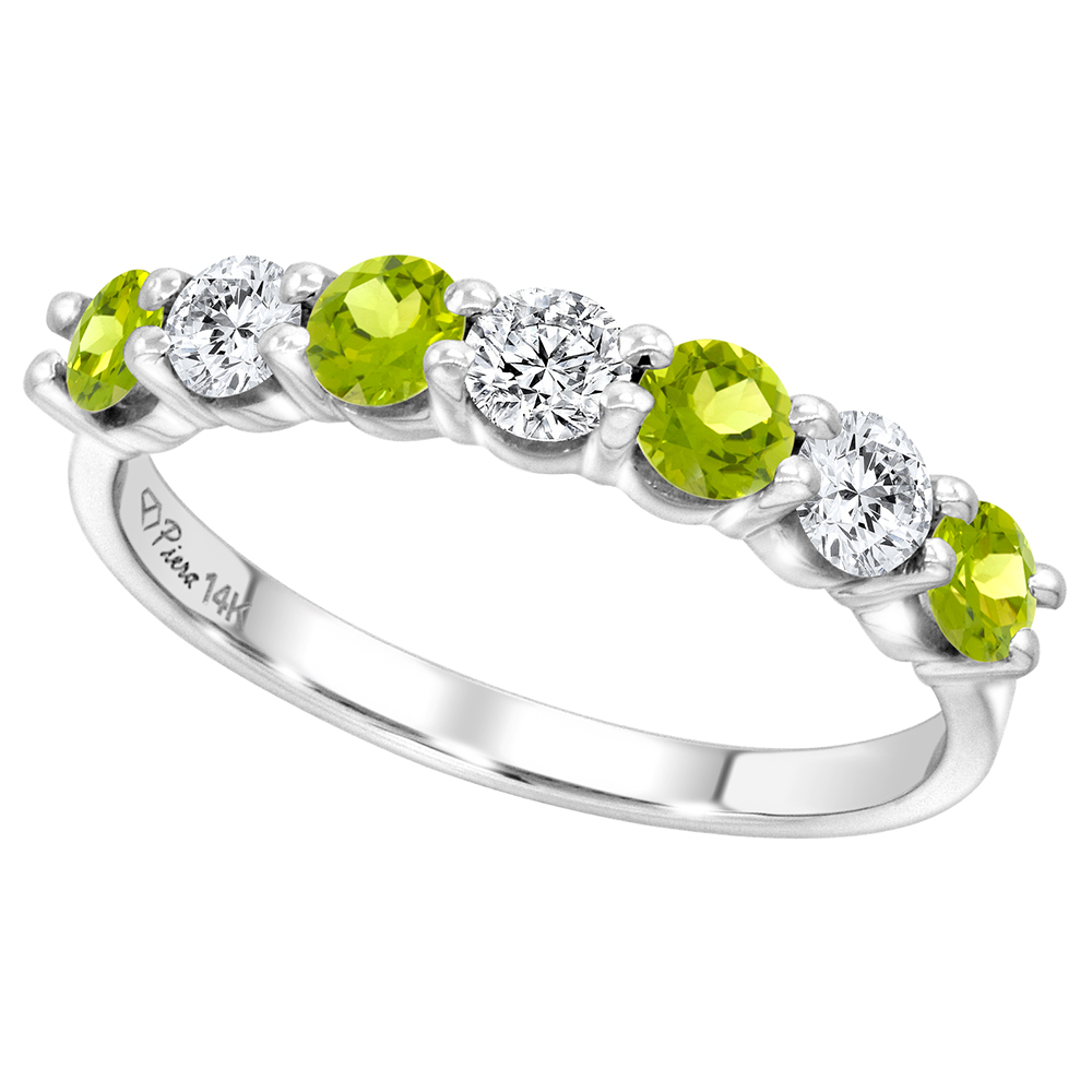 14k White Gold Genuine Peridot and Diamond 7-Stone Ring Round Brilliant cut 0.77cttw 4.1mm, size 5-10