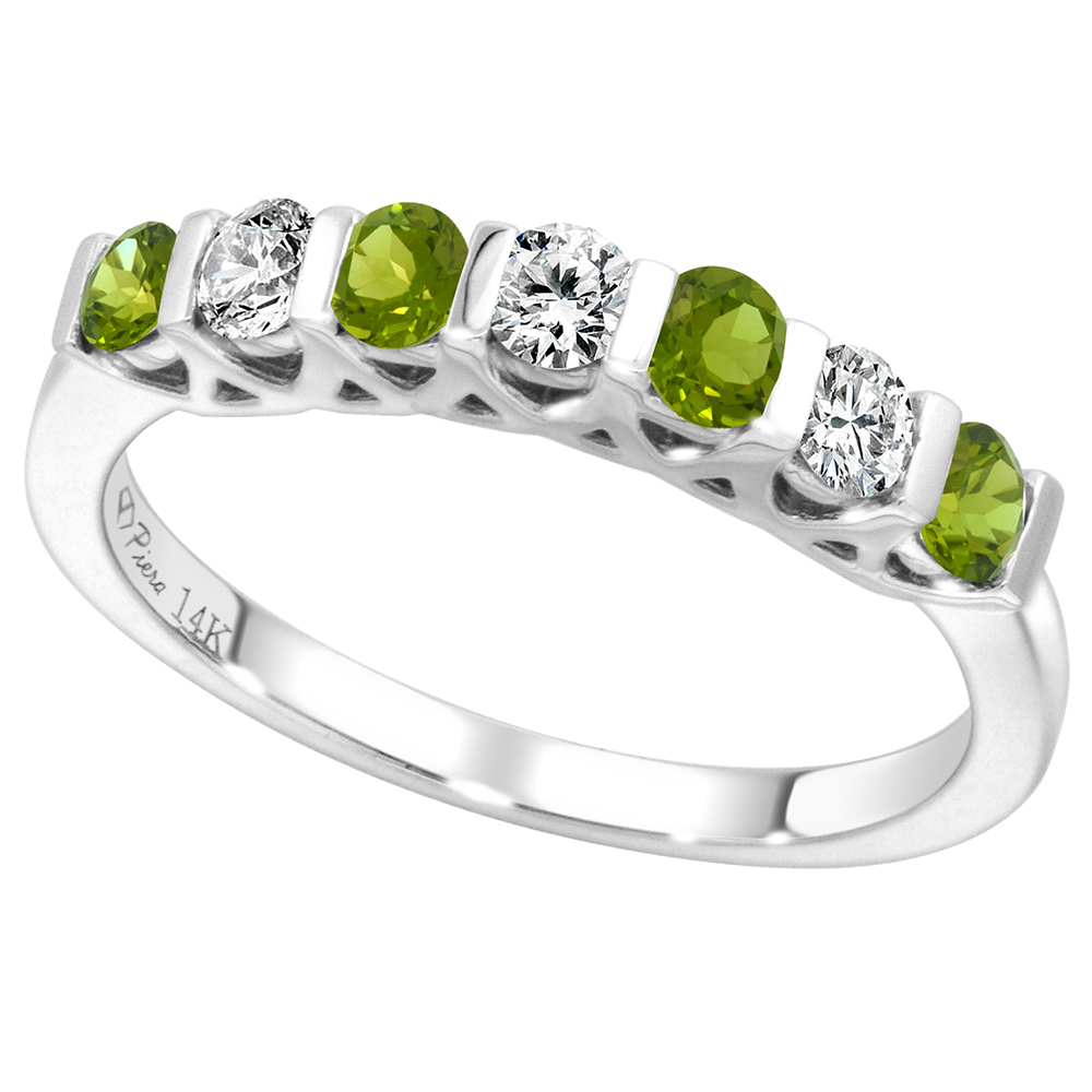 14k White Gold Genuine Peridot & Diamond 7-Stone Ring Round Brilliant cut 0.3cttw 2.8mm, size 5-10