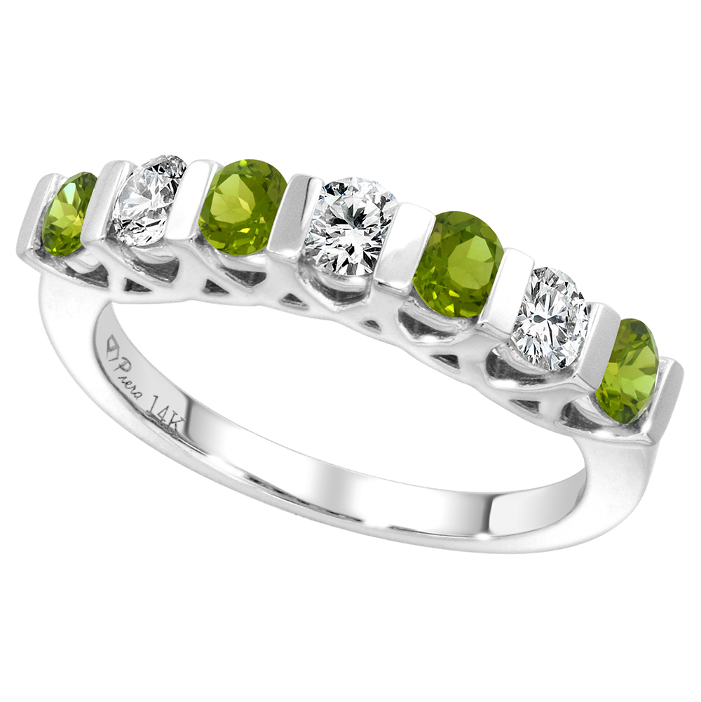 14k White Gold Genuine Peridot and Diamond 7-Stone Ring Round Brilliant cut 0.35cttw 3mm, size 5-10