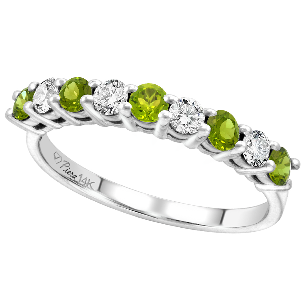 14k White Gold Diamond and Genuine Peridot 9-Stone Ring Round Brilliant cut 0.4cttw 2.8mm, size 5-10