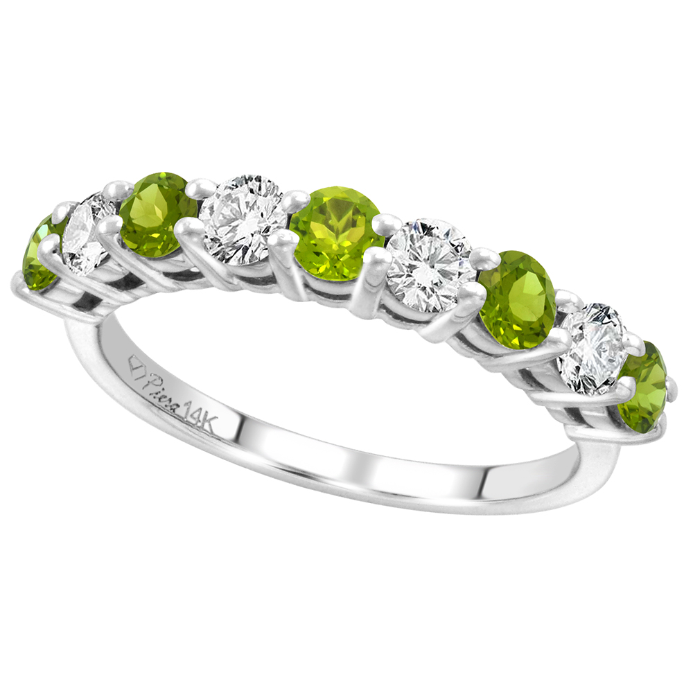 14k White Gold Diamond & Genuine Peridot 9-Stone Ring Round Brilliant cut 0.52 cttw 3.1mm, size 5-10