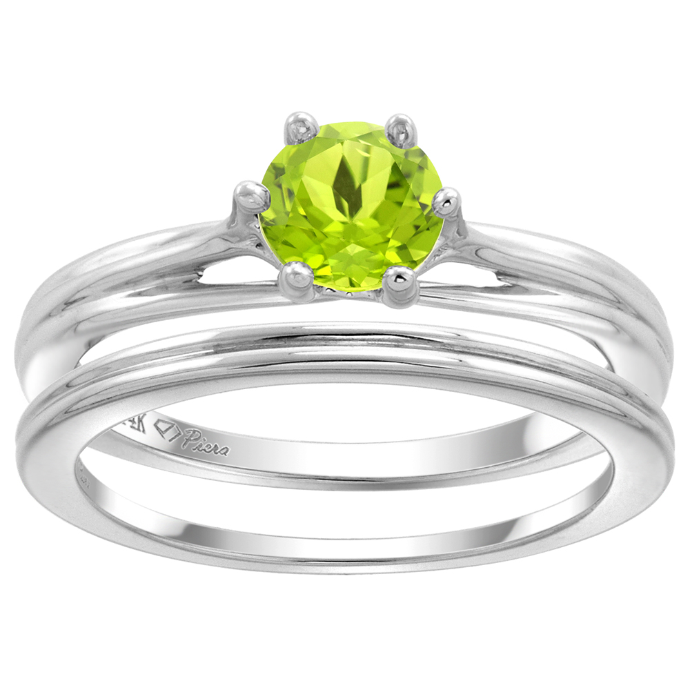 14k White Gold Genuine Peridot Solitaire Engagement 2pc Ring Set Round 6mm, size 5-10