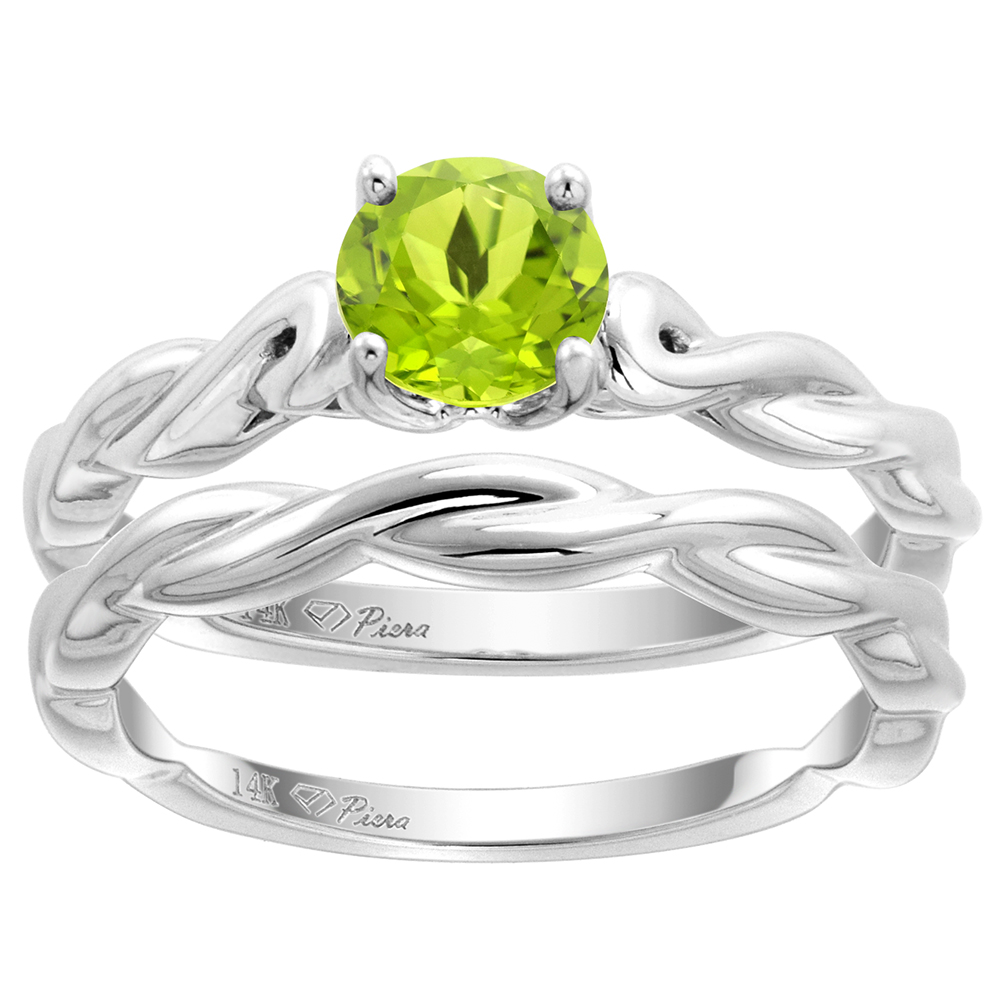 14k White Gold Genuine Peridot 2pc Solitaire Engagement Ring Set Round 6mm Twisted Shank,size 5-10