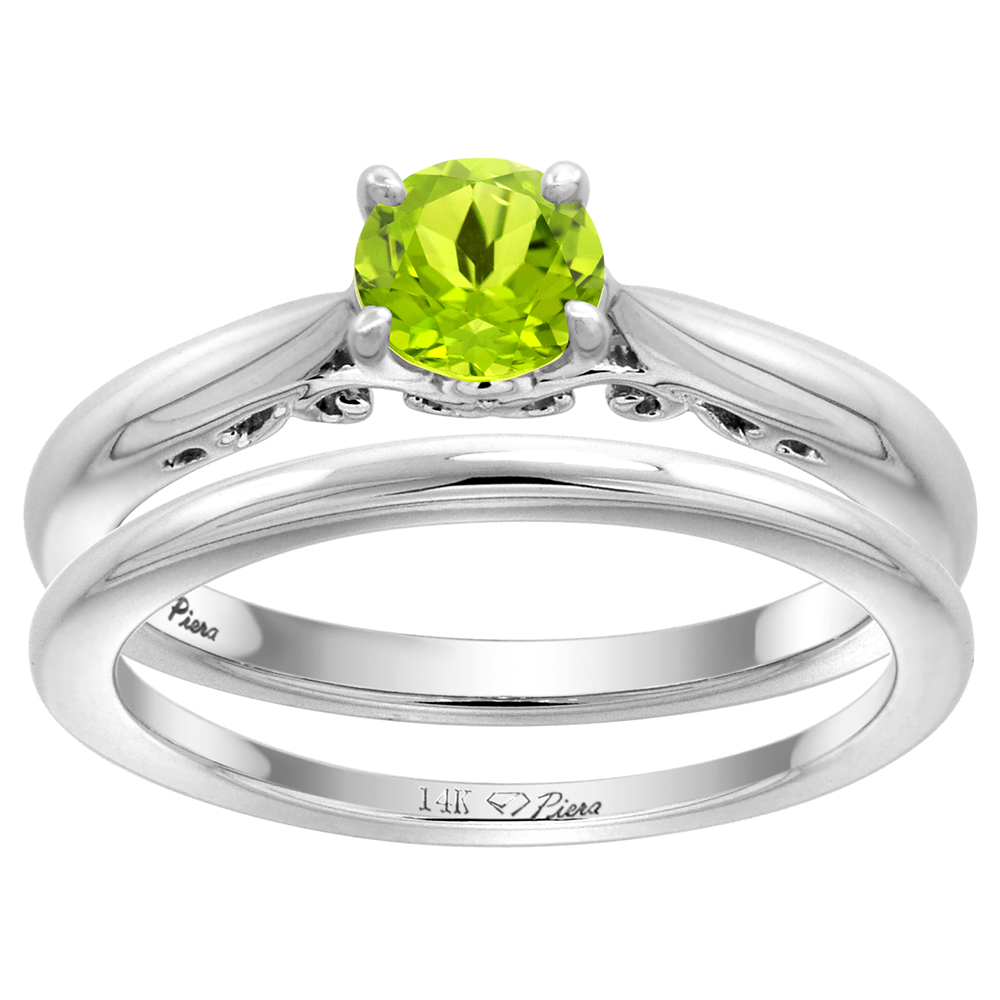 14k White Gold Genuine Peridot Solitaire Engagement 2pc Ring Set Round 6mm, size 5-10