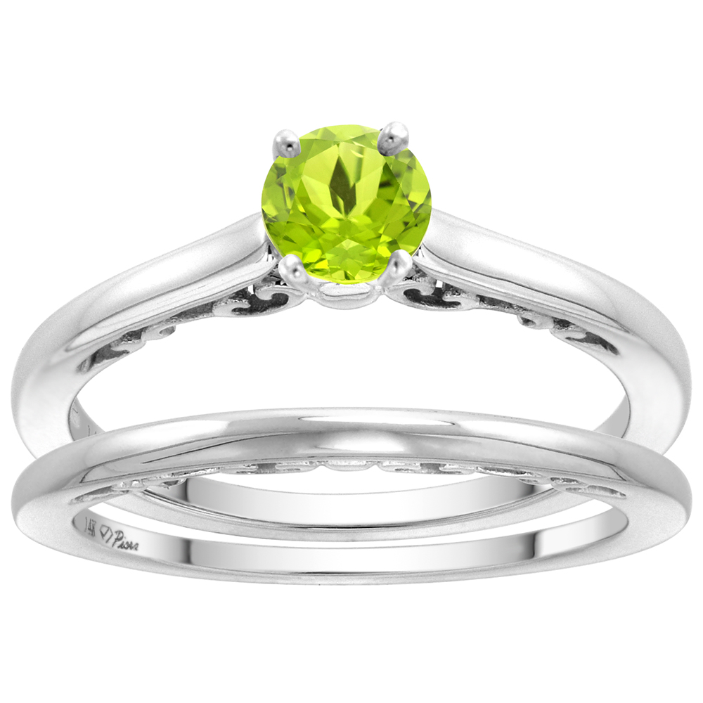 14k White Gold Genuine Peridot Solitaire Engagement 2pc Ring Set Round 4mm, size 5-10