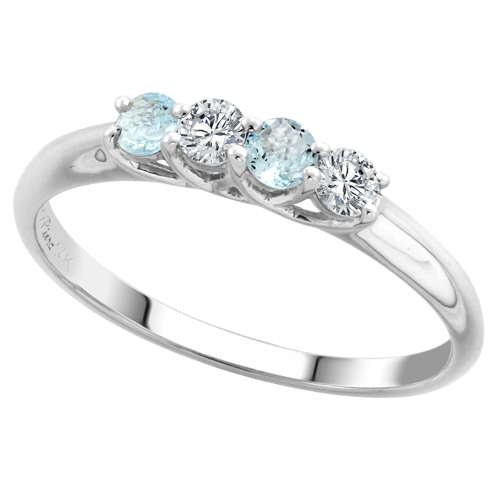 14k White Gold Genuine Aquamarine and Diamond 4-Stone Ring Round Brilliant cut 0.17ct 2.7mm, size 5-10