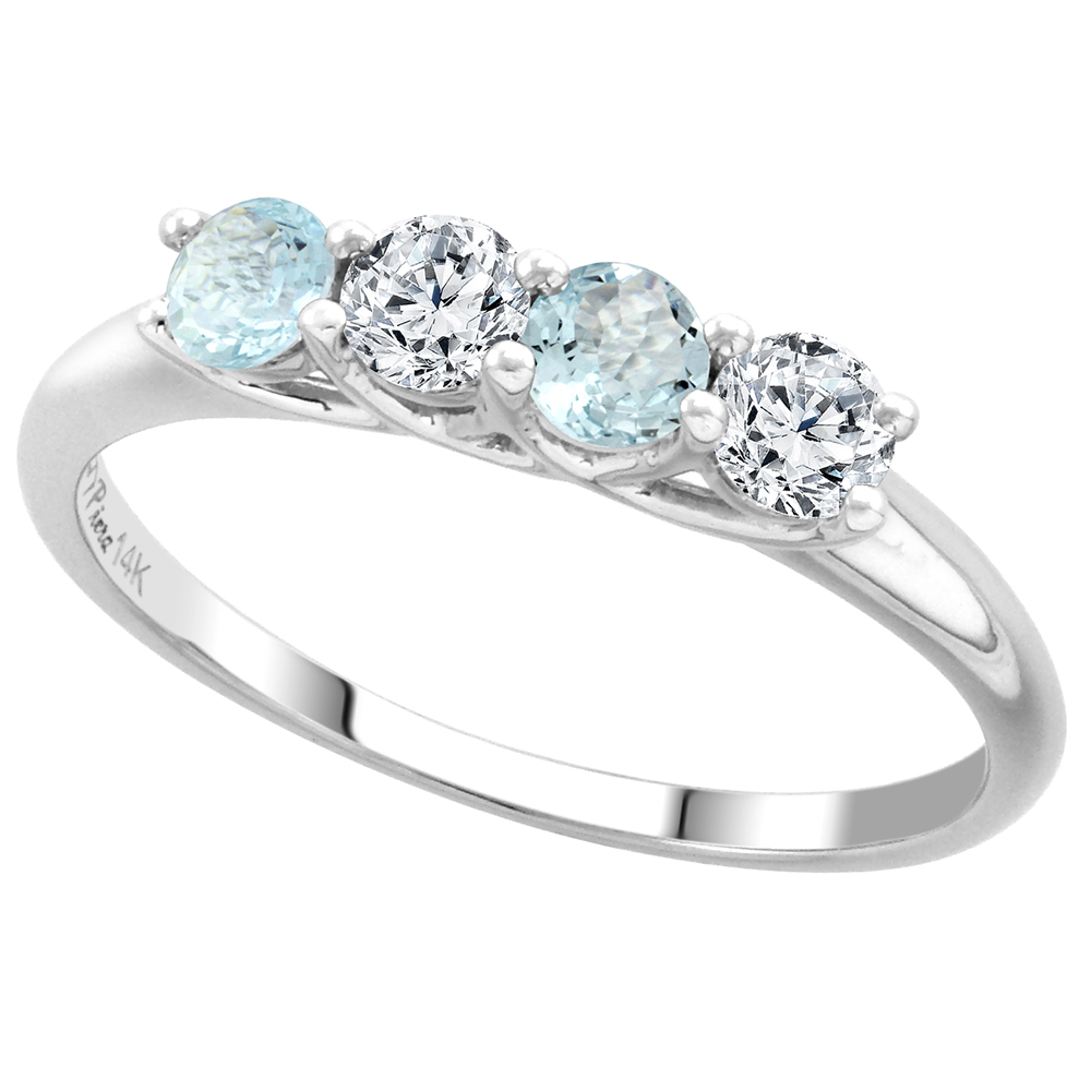 14k White Gold Genuine Aquamarine and Diamond 4-Stone Ring Round Brilliant cut 0.28ct 3.2mm, size 5-10